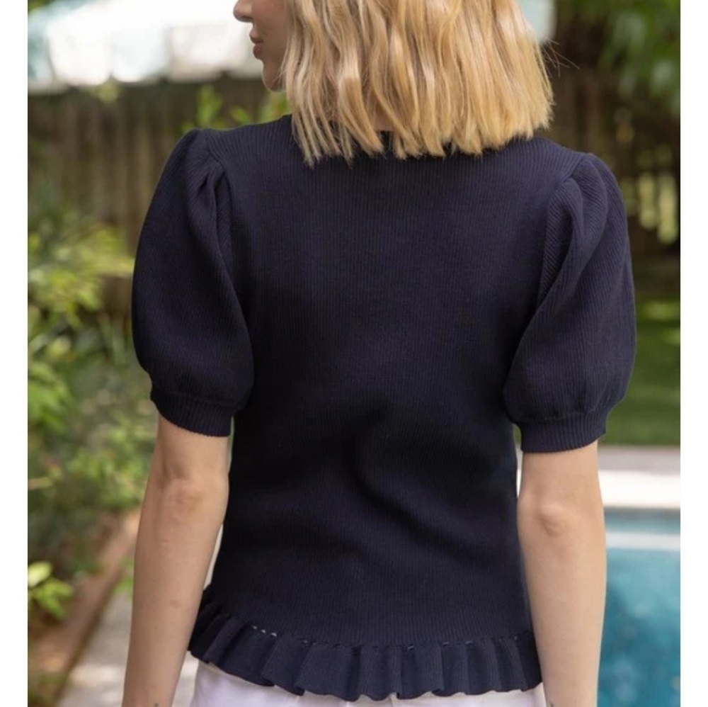 Voy Womens Navy Ribbed Short Puff Sleeve Sweater With White Bows Ruffle Size L - Picture 2 of 13